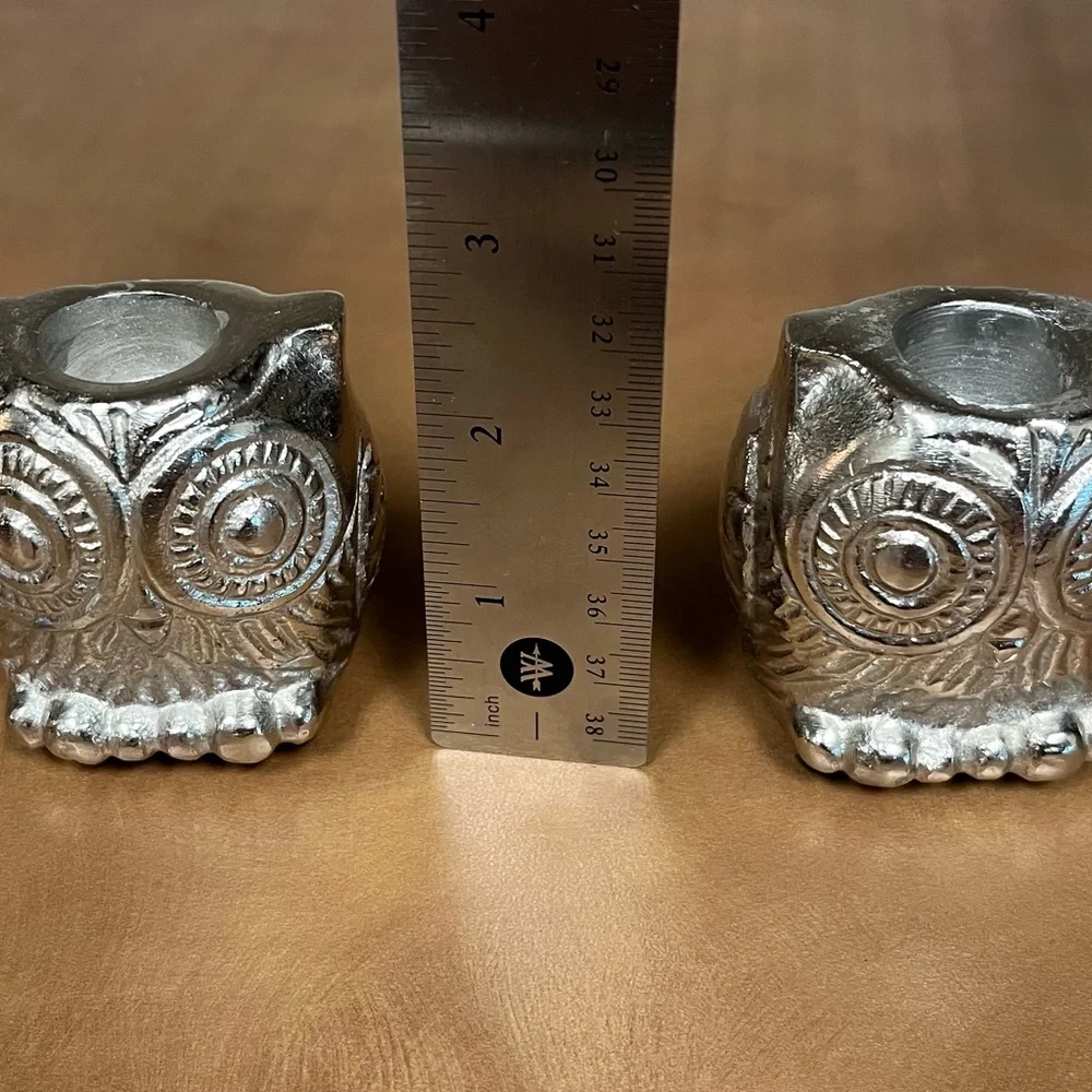 Vintage Pair of Heavy Silvertone Owl Candlestick Holders
